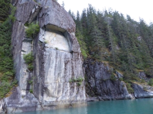 A steep granite cliff plunges into the deep waters of Alaska's inside passage.